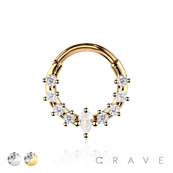 316L SURGICAL STEEL MULTI CZ LINE TEAR DROP CENTER CZ SEPTUM HINGED SEGMENT HOOP RING